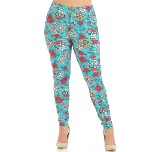 Plus Size Buttery Soft Floral Petal Sugar Skull Leggings - Picture 1 of 7